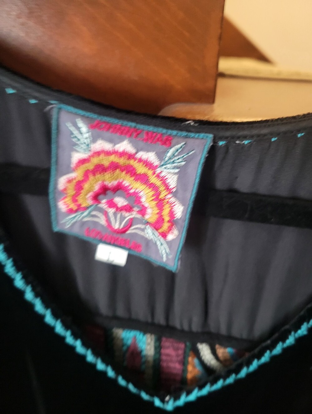 Johnny Was Black Velvet Tunic with Teal Trim Size L - Picture 5 of 9
